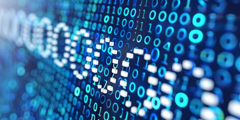 Obraz premium Code, data and programming with futuristic technology for cybersecurity, information or networking. Computer, digital and future with language on display or screen for software coding or development
