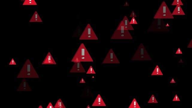Several red and white warning icons floating and flying on a black background