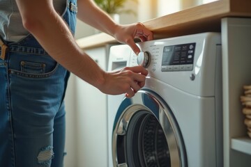 Adjusting the washing machine settings for a laundry cycle.
