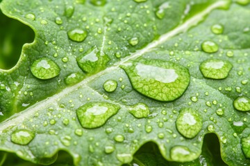 Fresh green leaf adorned with glistening water droplets, close-up view