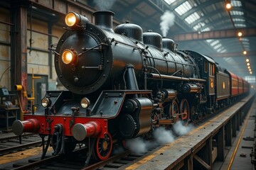 Obraz premium A vintage steam locomotive pulling a passenger train in a large indoor railway station.