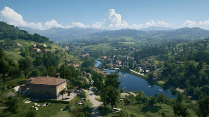 Fototapeta premium Panoramic View Of Italian Valley With River And Town