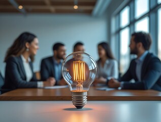Conceptual image of bright idea with glowing lightbulb and corporate professionals in a team meeting


