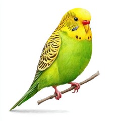 Green and Yellow Budgie Perched on Twig