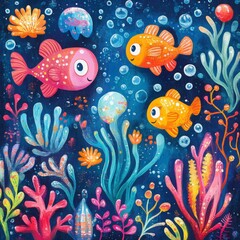 A vibrant underwater scene featuring colorful fish and coral, surrounded by bubbles and marine plants, creating a lively ocean atmosphere.