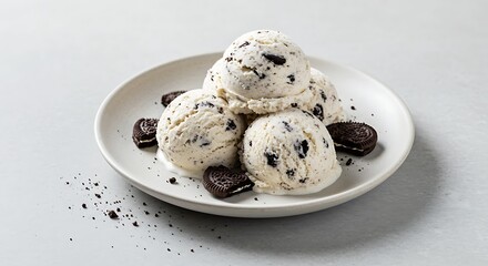 Serving of Cream Ice Cream with Chocolate Cookies on a Plate