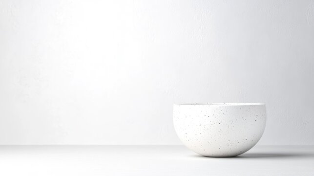 A minimalist white ceramic bowl placed on a clean surface, simple and elegant composition, studio shot with soft lighting, and modern design concept.