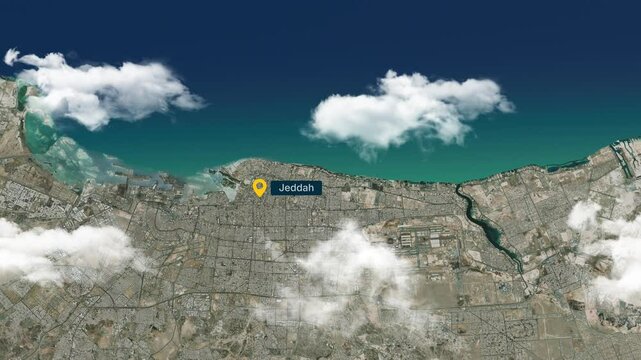 Jeddah 3D Map with Animated Clouds and City Label