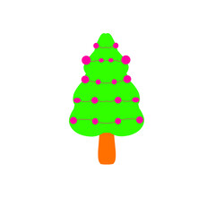 Colorful cartoon Christmas tree adorned with vibrant ornaments, set against a plain white background