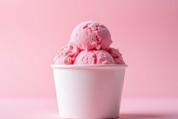 A delightful mound of pink ice cream scoops in a white paper cup.