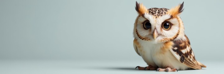 Obraz premium Close-up of charming small owl against light gray backdrop, bird, feathers, charming
