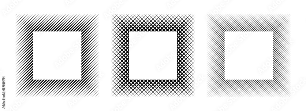 Aufkleber Black linear square frame set. Striped geometric border collection in minimalist style. Thin overlap line picture frame bundle. Simple boarder element pack for photo, cadre, poster, card. Vector