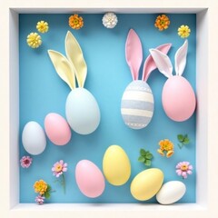 Decorative vertical Easter eggs in pastel shades and bunny ears arranged on a blue background AI