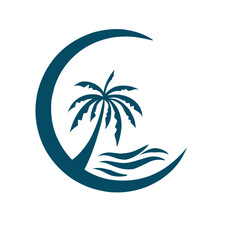 Tropical beach scene with palm trees and waves, evoking relaxation and vacation vibes