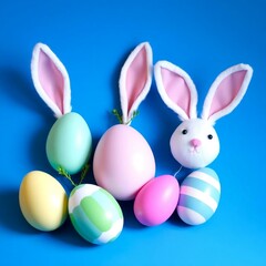Decorative vertical Easter eggs in pastel shades and bunny ears arranged on a blue background AI