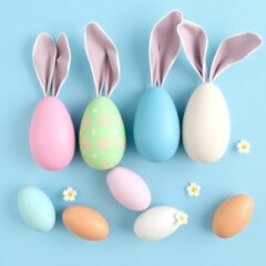 Decorative vertical Easter eggs in pastel shades and bunny ears arranged on a blue background AI