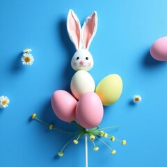 Decorative vertical Easter eggs in pastel shades and bunny ears arranged on a blue background AI