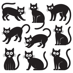 Set of Vector Black silhouettes cats. Collection of funny cats in different poses. illustration isolated on white background. Drawing with children.