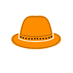 Vibrant orange cowboy hat with decorative stitching and dots set against a plain white background