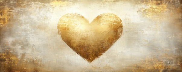 Obraz premium A gold heart is painted on a white background. The heart is surrounded by a lot of gold paint, giving it a warm and inviting appearance. Concept of love and affection