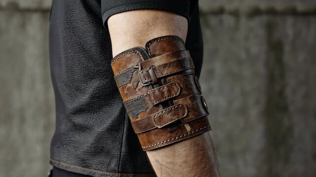 Arm wearing handcrafted leather bracer with buckle straps, showing protection and style, ideal for medieval or fantasy themes, and craftsmanship.