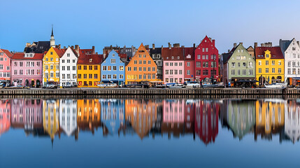 Fototapeta premium Colorful Waterfront Buildings Reflected in Calm Water