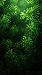 A vibrant close-up of lush green pine needles, creating a rich texture and depth with a serene, natural ambiance.