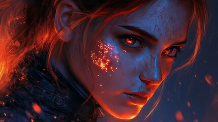 digital artwork featuring a close-up of a woman's face with a futuristic and cybernetic theme