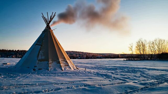 Snow covered tepee with smoke billowing at sunset, set against a pristine snowscape and colorful horizon, evoking the spirit of winter holidays.