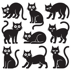 Set of Vector Black silhouettes cats. Collection of funny cats in different poses. illustration isolated on white background. Drawing with children.