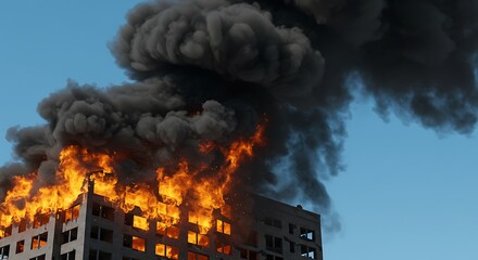 Building on Fire with Flames and Black Smoke Against Blue Sky