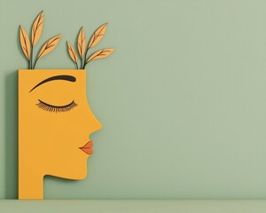 A stylized profile of a face in yellow with leafy embellishments on a soft green background, representing creativity and nature.