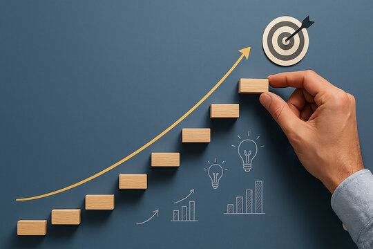 Hand placing wooden step on staircase leading to dartboard target, with sketches of arrows, lightbulbs, and graphs, symbolizing planning and goal achievement..