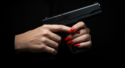 Woman's Hands Holding a Black Handgun Against Dark Background