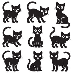 Set of Vector Black silhouettes cats. Collection of funny cats in different poses. illustration isolated on white background. Drawing with children.