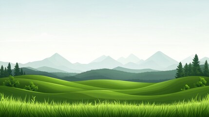 Fototapeta premium A serene landscape featuring rolling green hills and distant mountains under a clear sky.