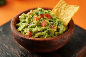 Fresh homemade guacamole dip served with a tortilla chip