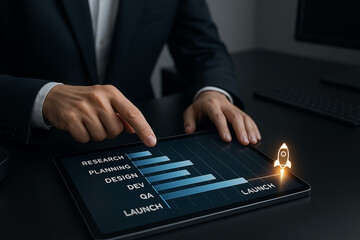 Businessman pointing to launch phase on digital tablet with bar chart showing project stages from research to QA and final launch with rocket icon..