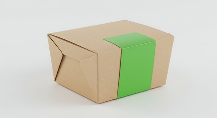 Brown Paper Box with Green Label on White Background