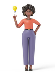 woman holding a lightbulb, symbolizing a new idea or inspiration. 3D rendering, conceptual image. Isolated on white background.