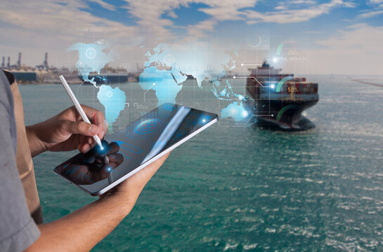 Person using digital tablet for global cargo tracking with futuristic interface overlay, ship and port background in logistics concept.