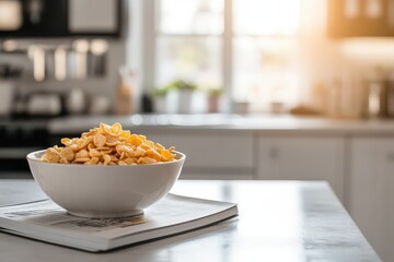A bowl of cereal sits on a book in the kitchen
