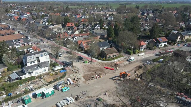 Beautiful jib up of an intersection under construction in a small town in the Netherlands