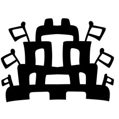 Abstract design featuring stylized flags atop towers, creating a symmetrical pattern on a white background