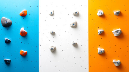 A vibrant climbing wall featuring colorful holds on blue, white, and orange backgrounds, designed for bouldering and indoor rock climbing.