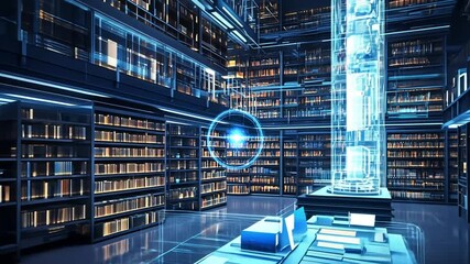 Futuristic digital library with holographic display for advanced learning concepts