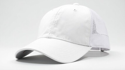 Fototapeta premium White baseball cap with mesh, isolated on white background, copy space, space for your text