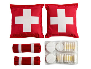 First aid supplies display office setting cutout background medical equipment indoor informative