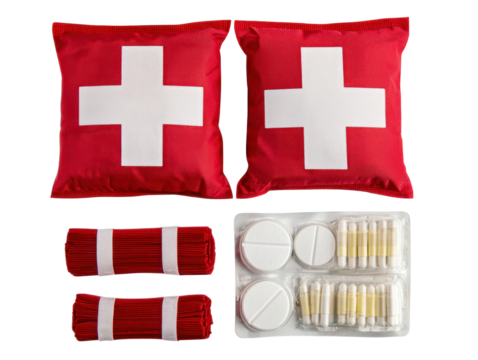 First aid supplies display office setting cutout background medical equipment indoor informative