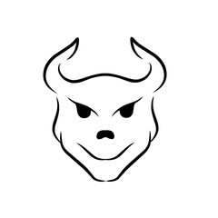 Stylized illustration of a fierce bull's head with prominent horns and intense expression on a white background